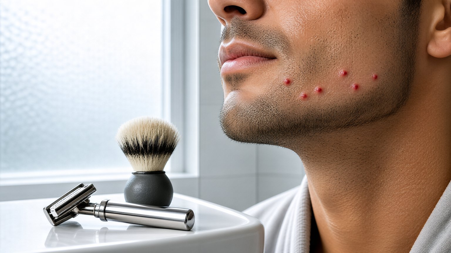 Man's jawline with razor bumps beside a safety razor in a bright bathroom