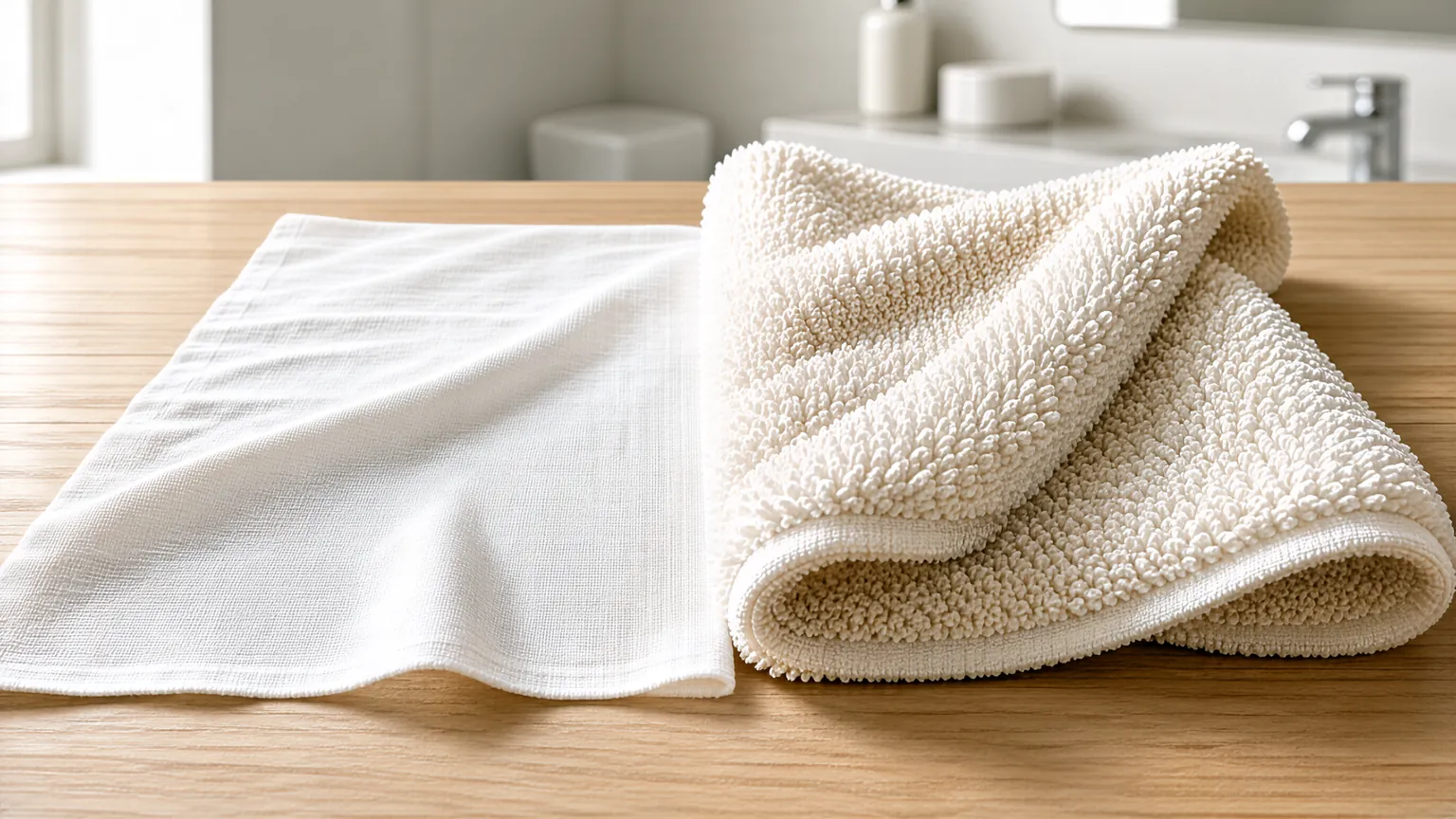 Muslin cloth beside a fluffy terry towel on a wooden countertop