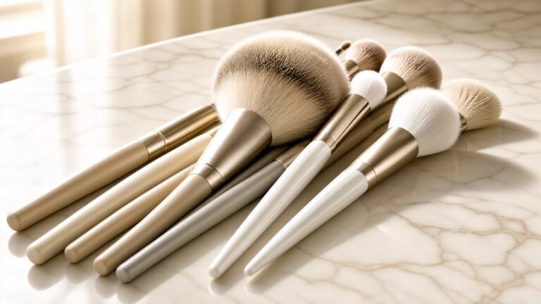 Natural and synthetic makeup brushes arranged on a marble vanity in soft light