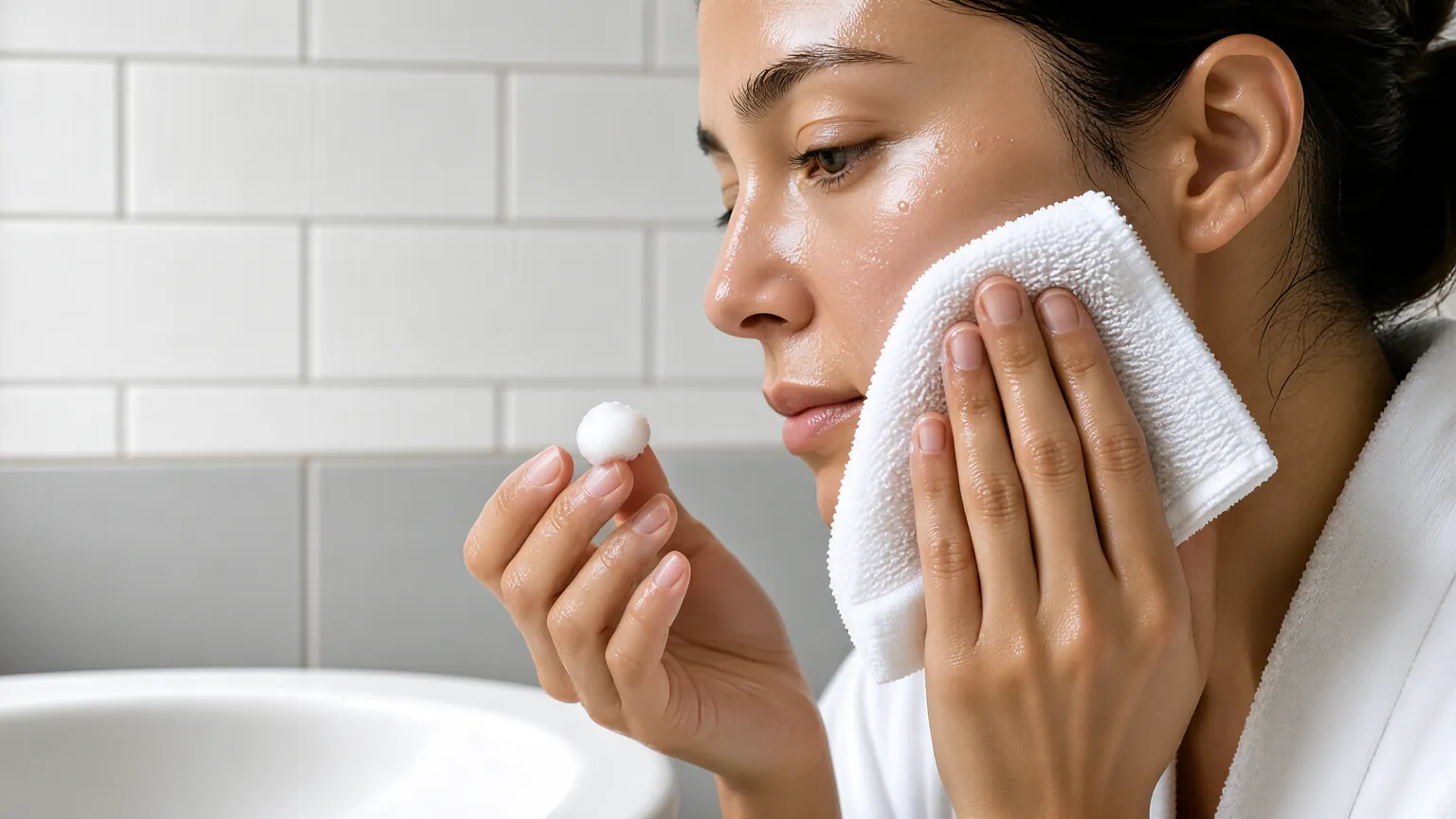 Person gently washing face with a soft white washcloth