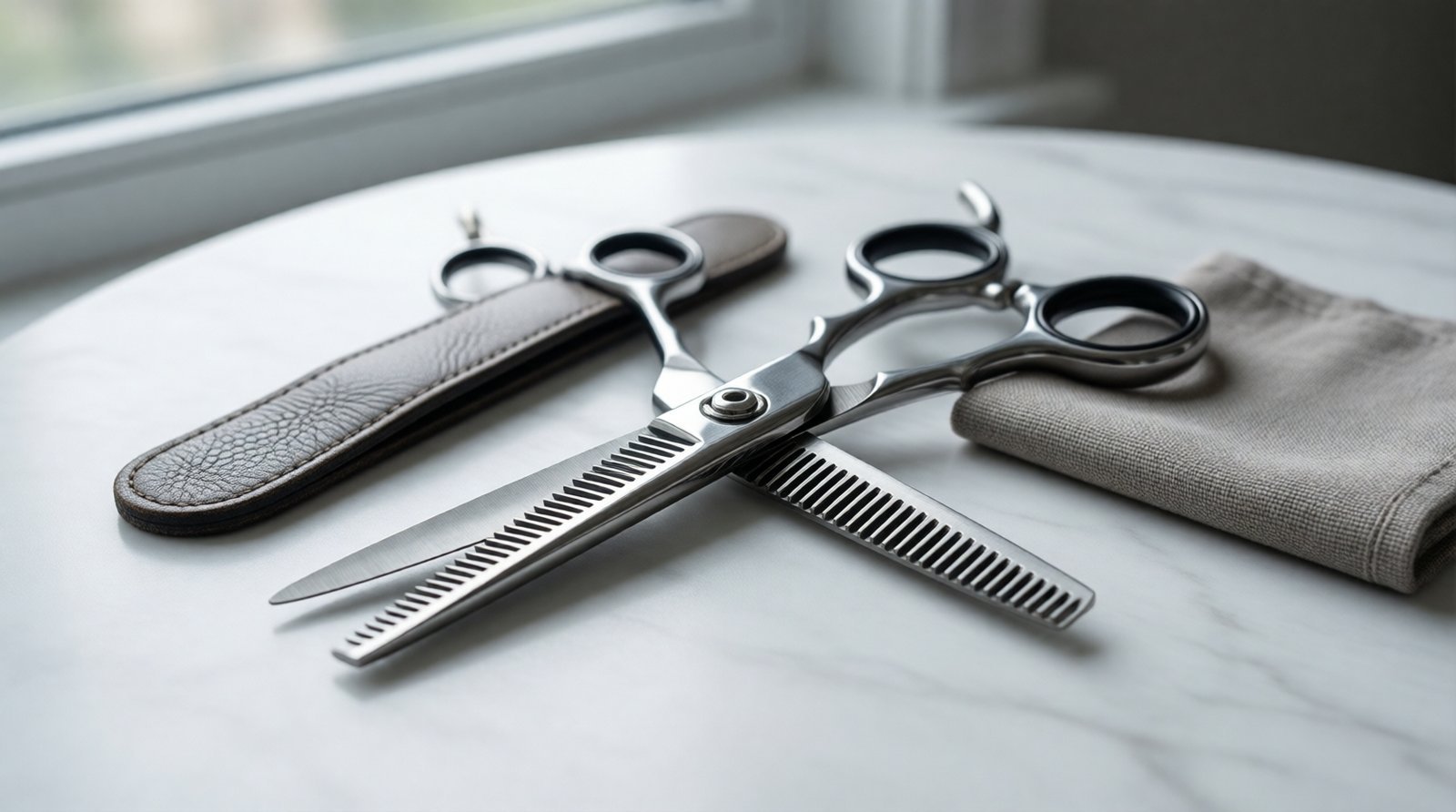 Professional thinning shears resting on marble surface beside leather strop and polishing cloth