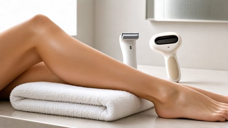 Smooth leg beside a razor and laser hair removal device