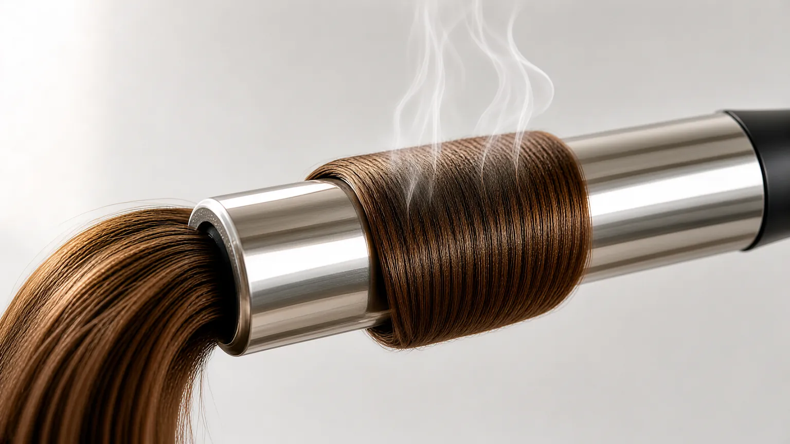 Steam rising as a curling iron heats a strand of hair