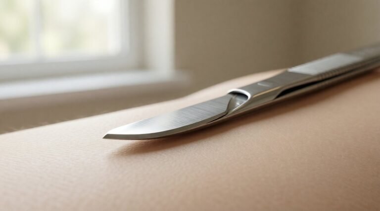 Sterile scalpel resting on smooth skin illustrating safe dermaplaning exfoliation technique