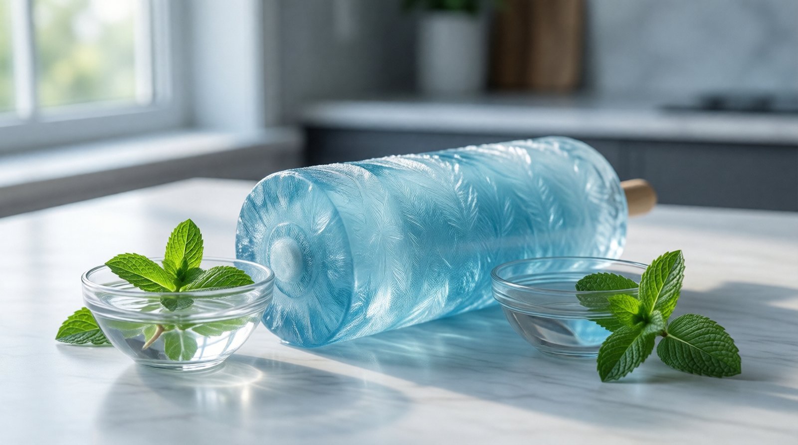 Translucent blue ice roller on white marble countertop with mint leaves