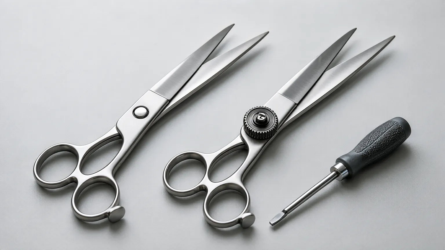Two hair shears showing fixed and adjustable tension pivots