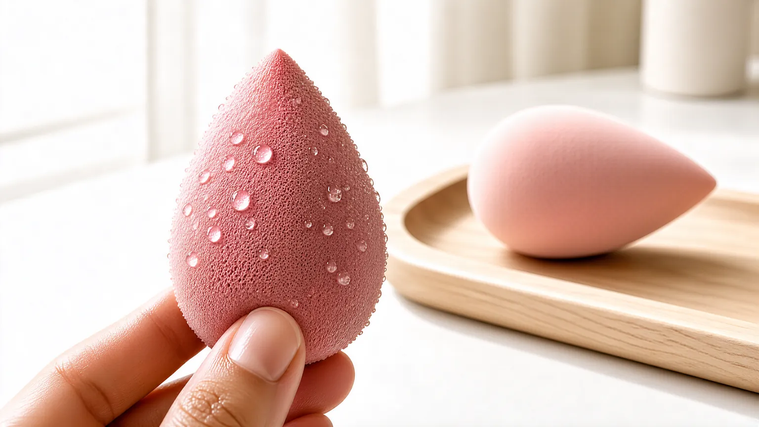 Wet beauty sponge expanded next to a small dry sponge on a wooden tray