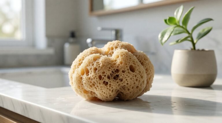 Wet natural konjac sponge on marble countertop representing skincare tool lifespan