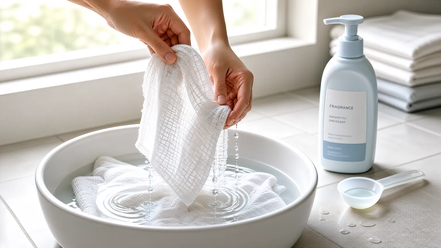 White muslin cloths rinsed in a basin of warm water on a laundry counter