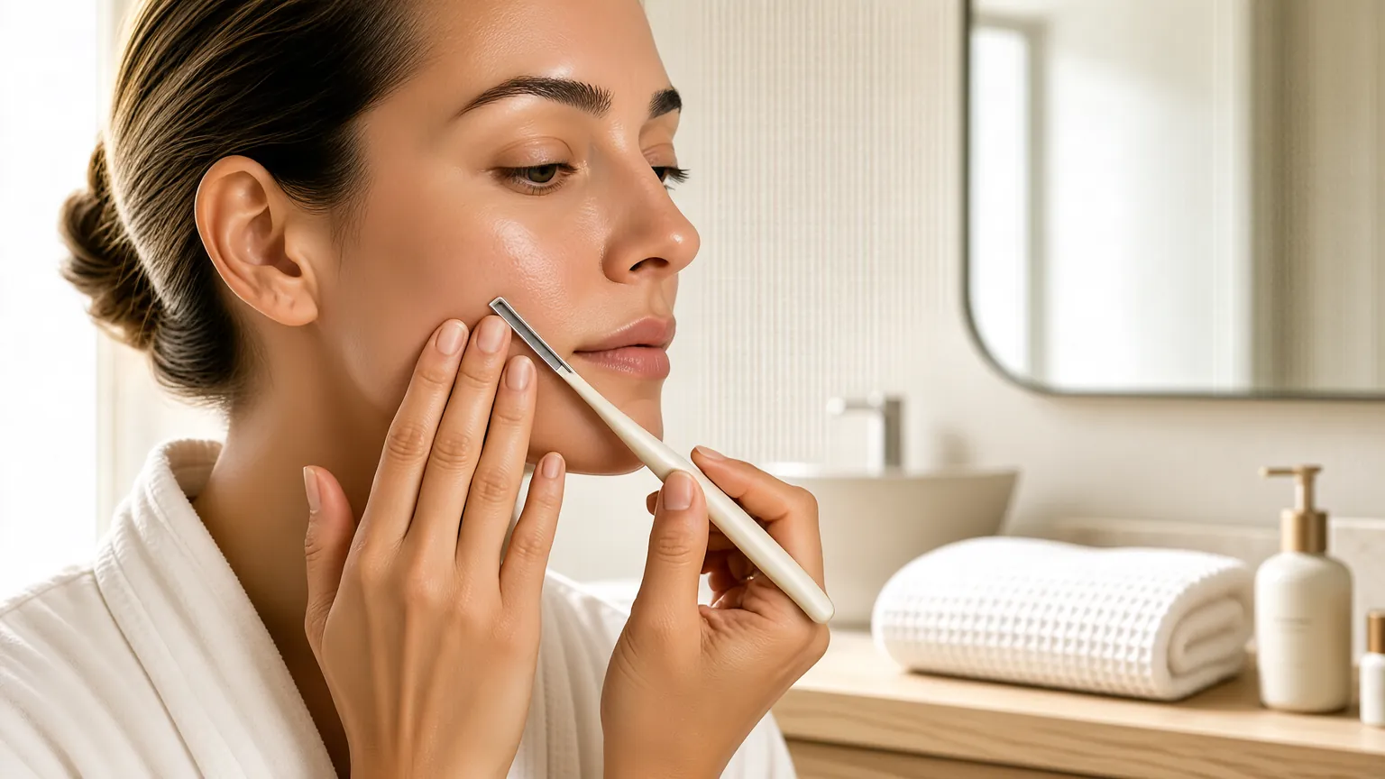 Woman holding skin taut while using a dermaplaning tool in a bathroom