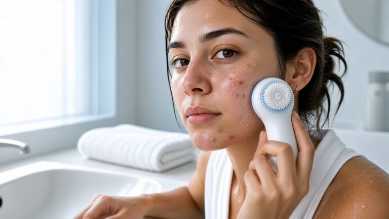Woman using a facial cleansing brush at a bathroom sink